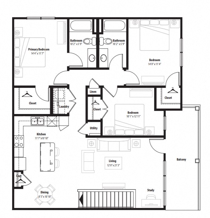 Floor plan for 3 beds, 2 baths, 1430 sqft